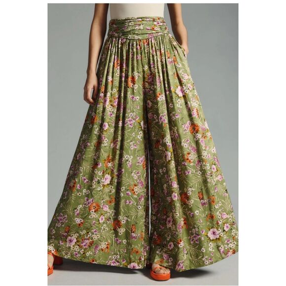 NWT By Anthropologie Wide-Leg Pants Floral Print Olive Green Size 6 - Picture 1 of 9